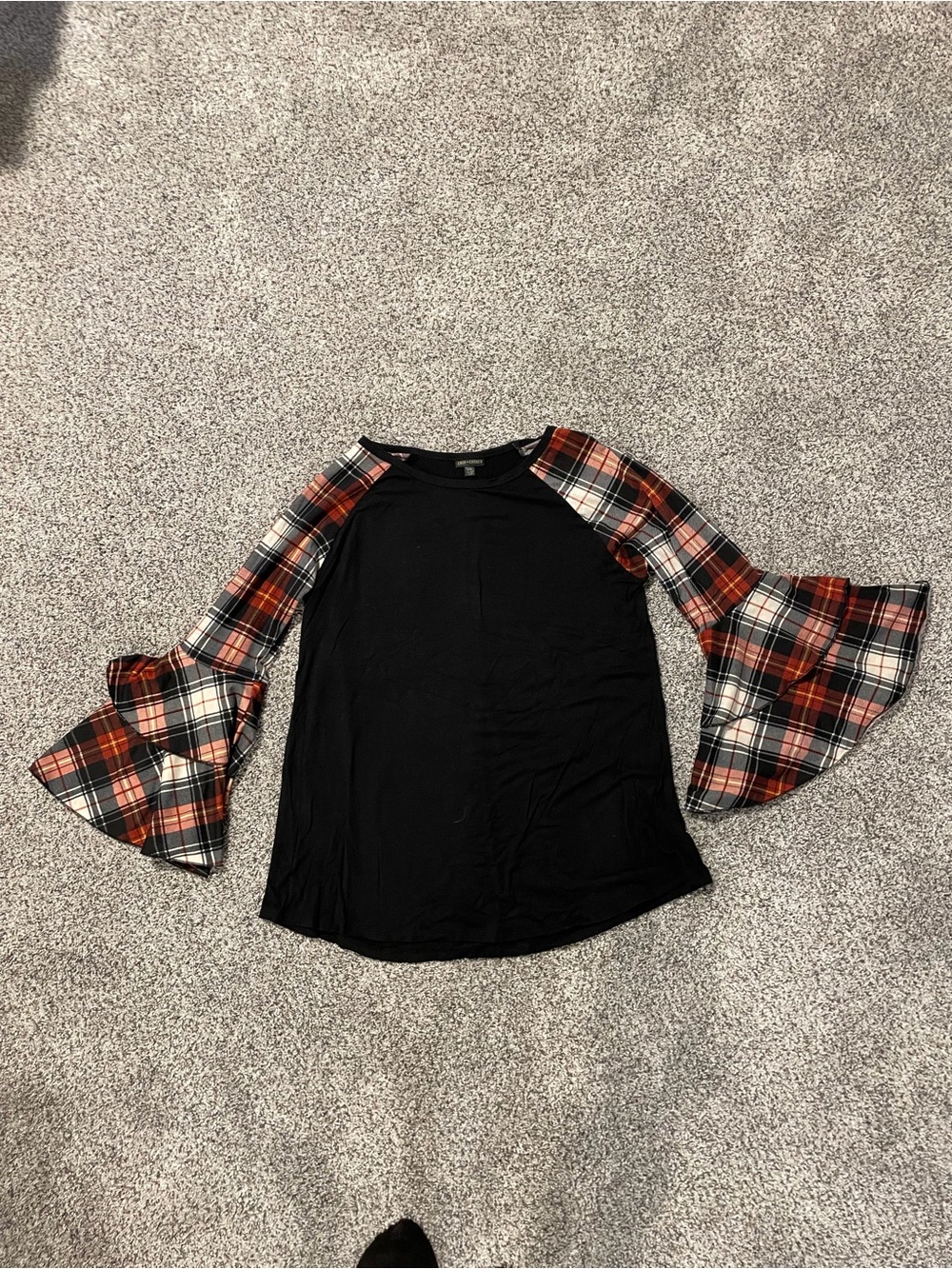 Coco + Carmen Black Top with Red Plaid Bell Sleeves